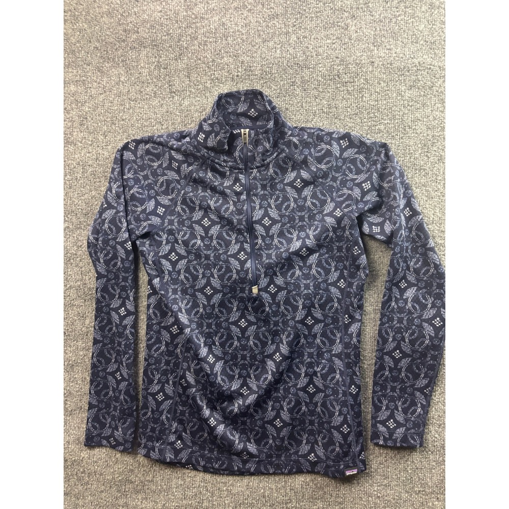 Patagonia Capilene Midweight Women M Blue Geometric Floral 1/4 Zip Baselayer Top